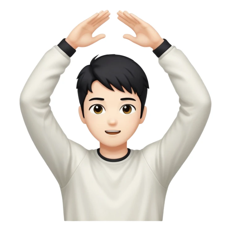 Black-haired male idol with arms raised above his head, K-pop style, energetic pose sticker