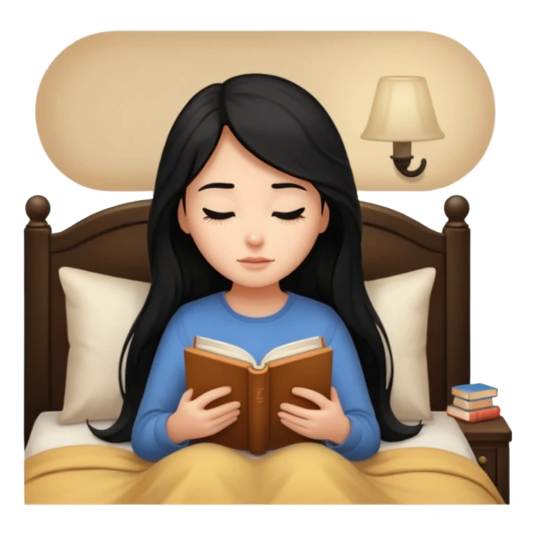 Girl black long hair reading book sleepy bed sticker