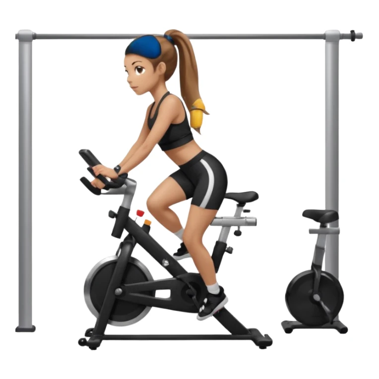 Light skin girl with long light brown hair in a pony tail, black workout set leaning on a indoor spin bike with NO HELMET,  sticker