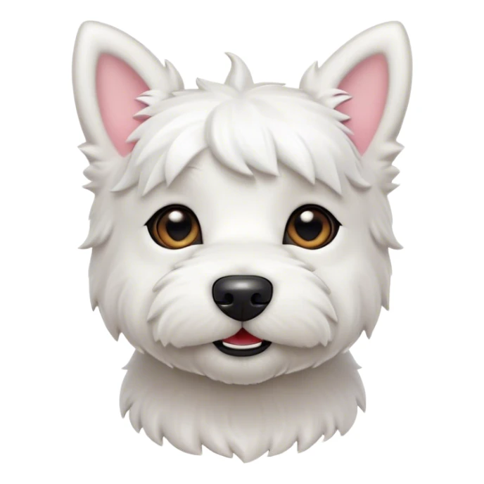 Cinematic Cute West Highland White Terrier Portrait Emoji, Head tilted playfully and inquisitively, featuring a fluffy, immaculate white coat with perky ears, round, sparkling dark eyes filled with curiosity, Simplified yet irresistibly adorable features, highly detailed, glowing with a warm, friendly glow, high shine, affectionate and lively, stylized with a touch of whimsy, bright and endearing, soft glowing outline, capturing the essence of a mischievous yet loving pup, so playful it feels like it could bound out of the screen and into your arms! sticker