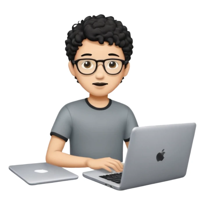 A young boy DEVELOPER WITH A laptop, black curly short hair, wearing glasses, a thin goatee, his skin is asian

Add the word "PIF" floating around home sticker