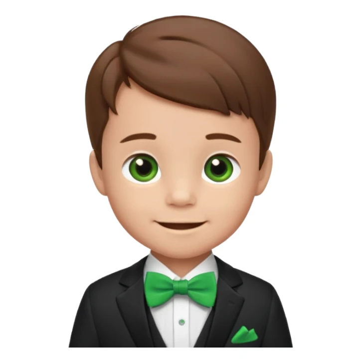 baby cute boy, brown hair in suit, with green bow, smile sticker