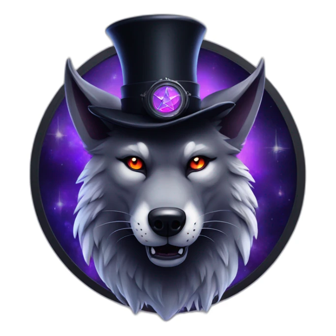 demonic wolf with a pentagram top hat and a pentagram chain with a haunting night background sticker