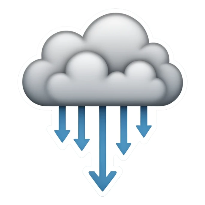 Abstract minimalist emoji showing a downward fading arrow dissolving into mist, with scattered broken lines and a heavy low-hanging cloud form above, symbolising a discipline slump and loss of structure. Muted tones, soft gradients, flat vector icon, transparent background. sticker