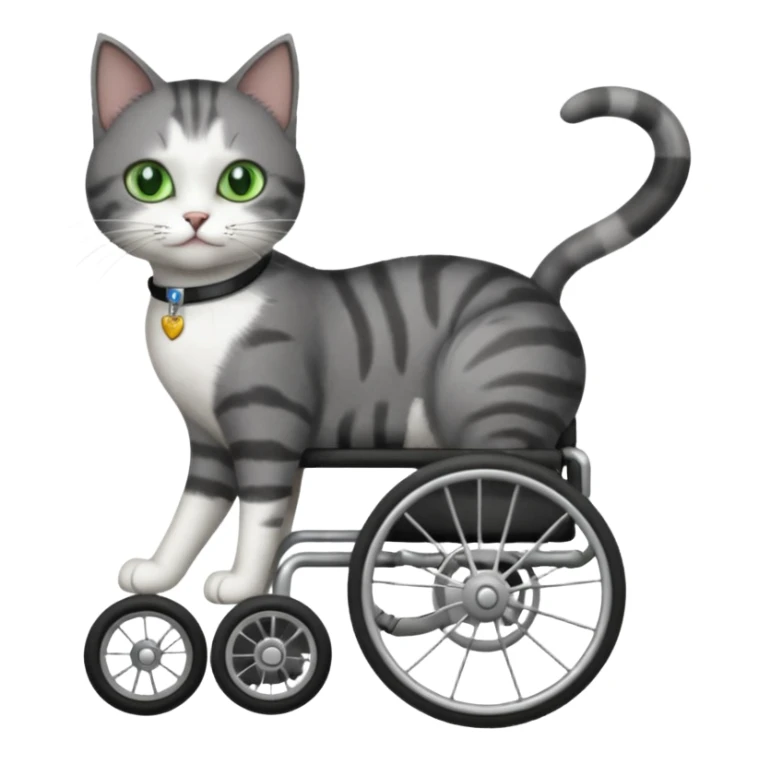 full body small short hair dark grey and white cat with green eyes walking in a wheelchair for cats sticker
