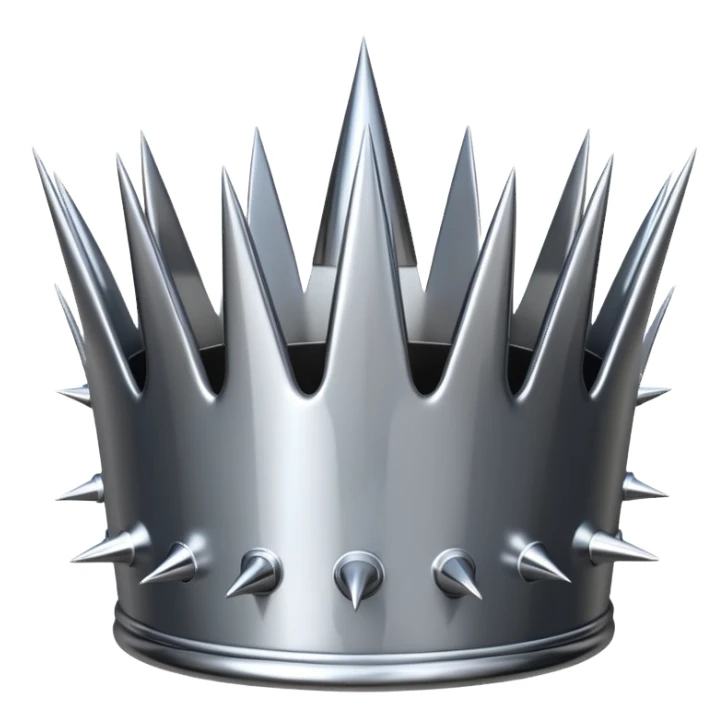 A spiked crown emoji made of silver chrome, sharp yet rounded metallic spikes, glossy reflections, aggressive luxury swag aesthetic, iOS emoji style, centered, clean white background sticker