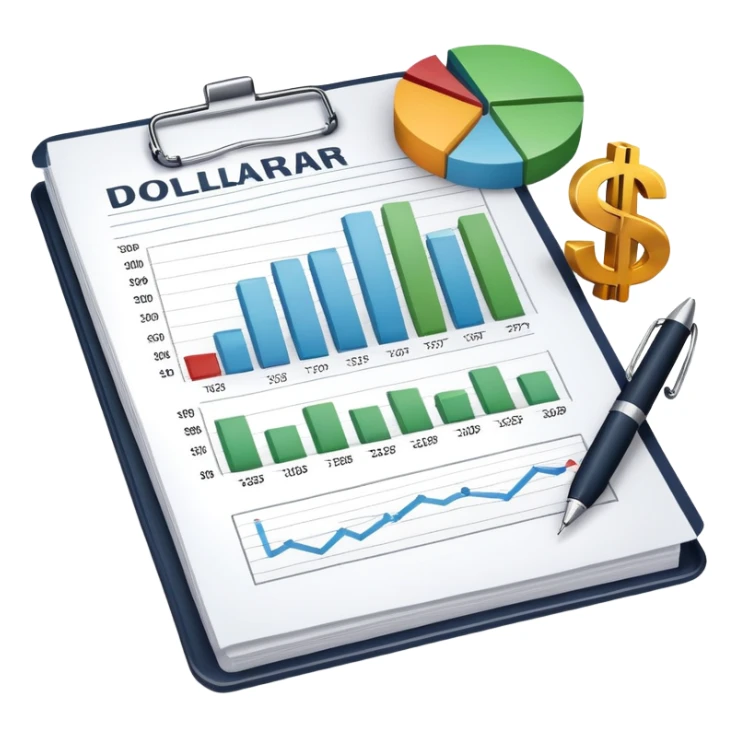 financial documents with charts, dollar sign, and pen sticker