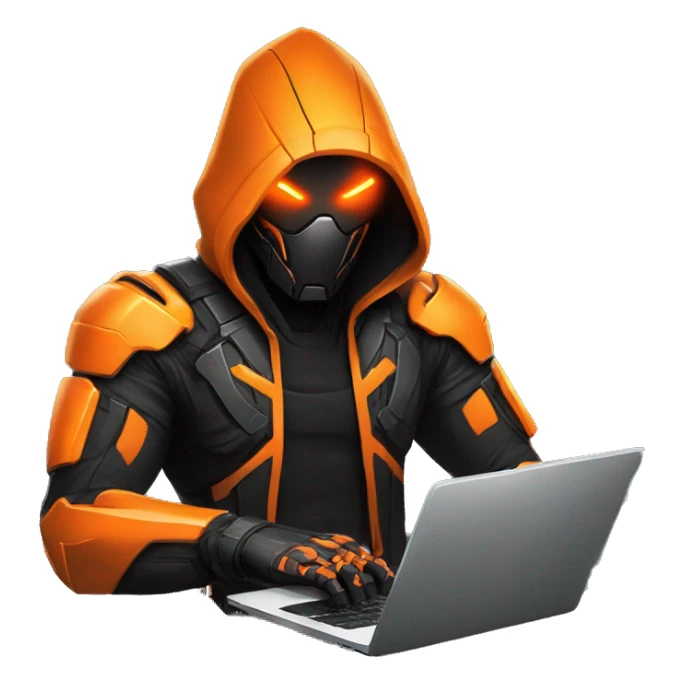  developer behind his laptop with this style : crysis Cyberpunk Valorant orange glowing bright orange character orange black hooded assassin themed character sticker