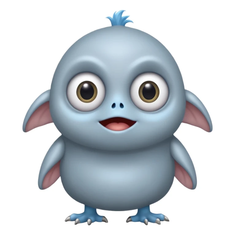 ..it has 1 eye....stands upright ...wears clothing. is light grey and light blue..looks happy and cuddly... doesnt have a full head.... there is a appendage coming out of top of body with a single large eye sticker
