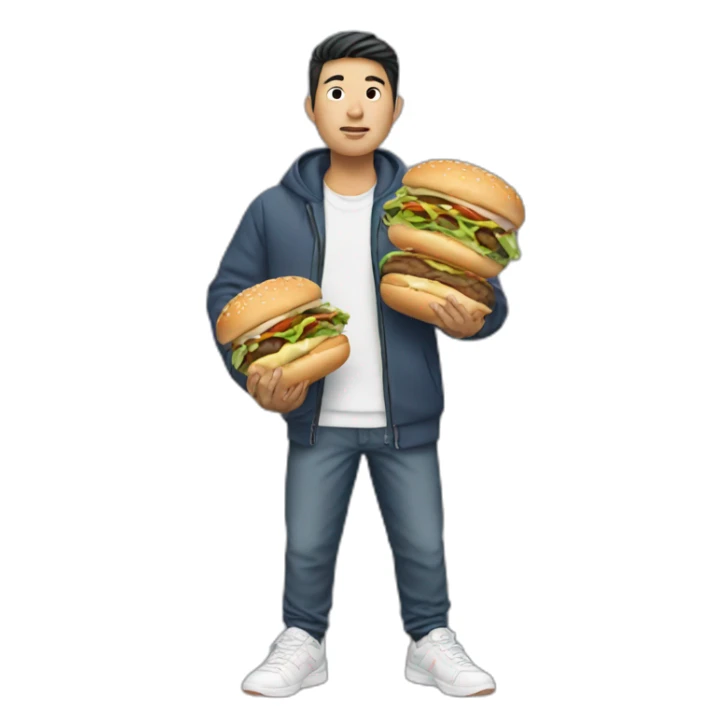 an asian man holding two burgers wearing sneakers sticker