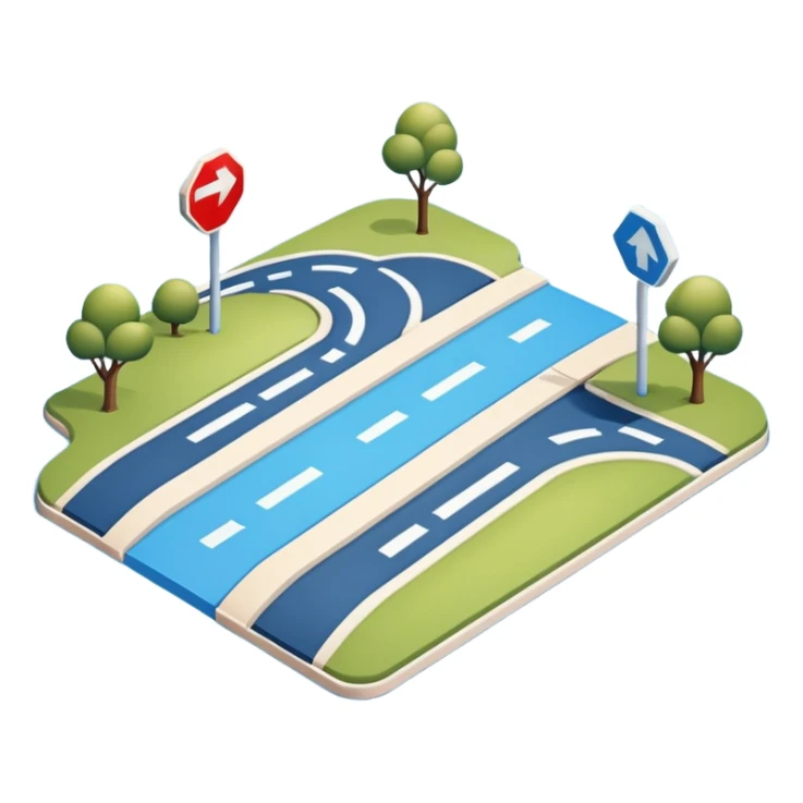 
A 3D minimal icon showing a street route with a clear path, blue road with white markings, in a clean, minimal 3D style and a transparent background. sticker