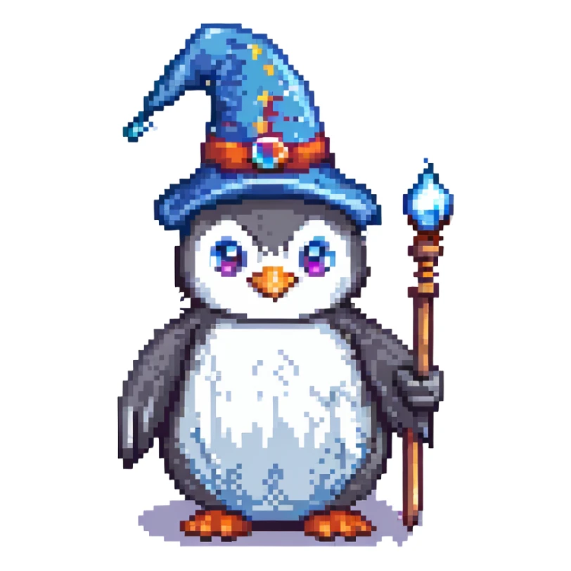 pixel art penguin wizard with a wand and wizard hat sticker