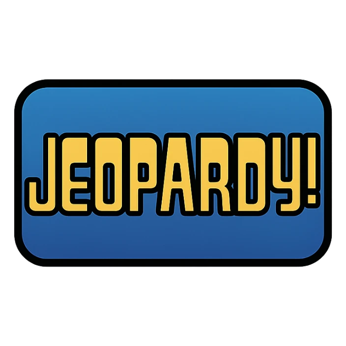 Jeopardy logo, classic TV game show look, blue gradient with gold accents, simple icon style sticker