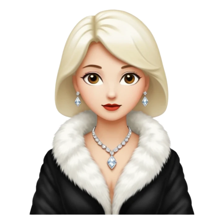 * Character: A stylish lady
* ﻿﻿Clothing: A luxurious white fur coat
* ﻿﻿Accessories: A dazzling diamond necklace
* ﻿﻿Expression: Confident, elegant, maybe slightly glamorous
* ﻿﻿Pose: Head slightly tilted or a poised posture
* ﻿﻿Style: Emoji-like, simple but expressive sticker