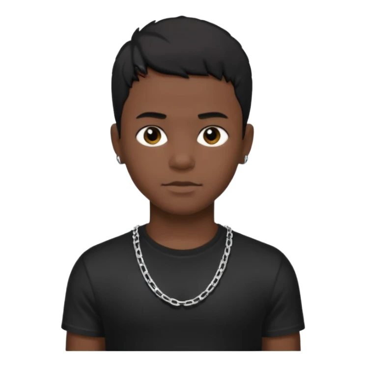 Generate a emoji of a black boy wearing a black compressed T-shirt with short black hair and make him wearing a silver chain and make the chain thin sticker