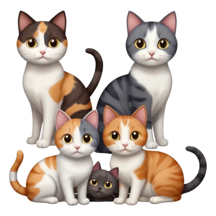 5 different coloured short haired cats including; a dark brown and white cat, and a dark grey and white, and a calico sticker
