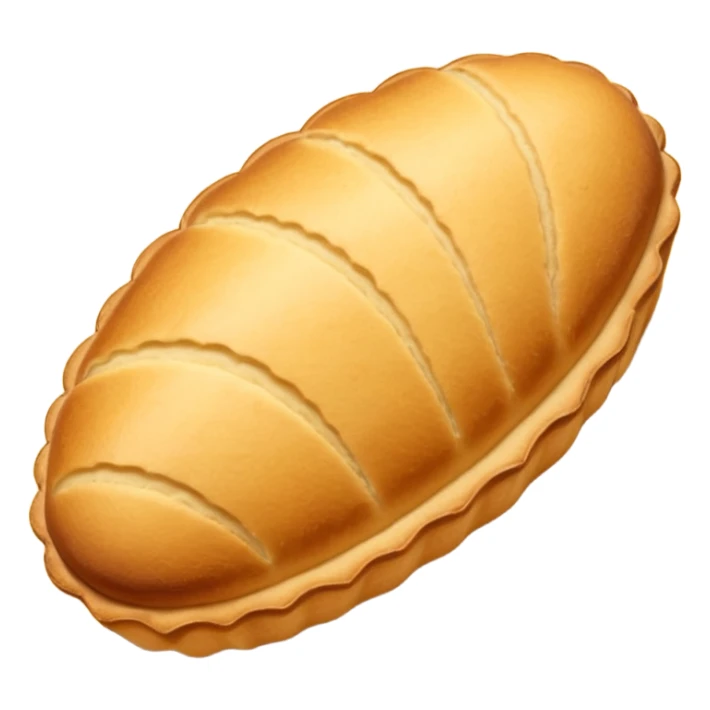 A madeleine pastry. Oval shaped with vertical lines going in the same direction as the oval. Light golden brown. Scalloped edge. Cookie. Stretched out oval sticker
