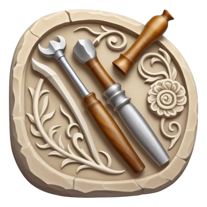 Stone, bone, and horn carving icon, detailed carving tools like chisels and gouges, pieces of stone, bone, and horn with intricate patterns, visible carvings in progress, minimalistic style, clean lines, transparent background. sticker