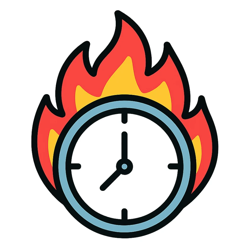 minimal color icon of a round clock with bright vivid flames, clean lines sticker