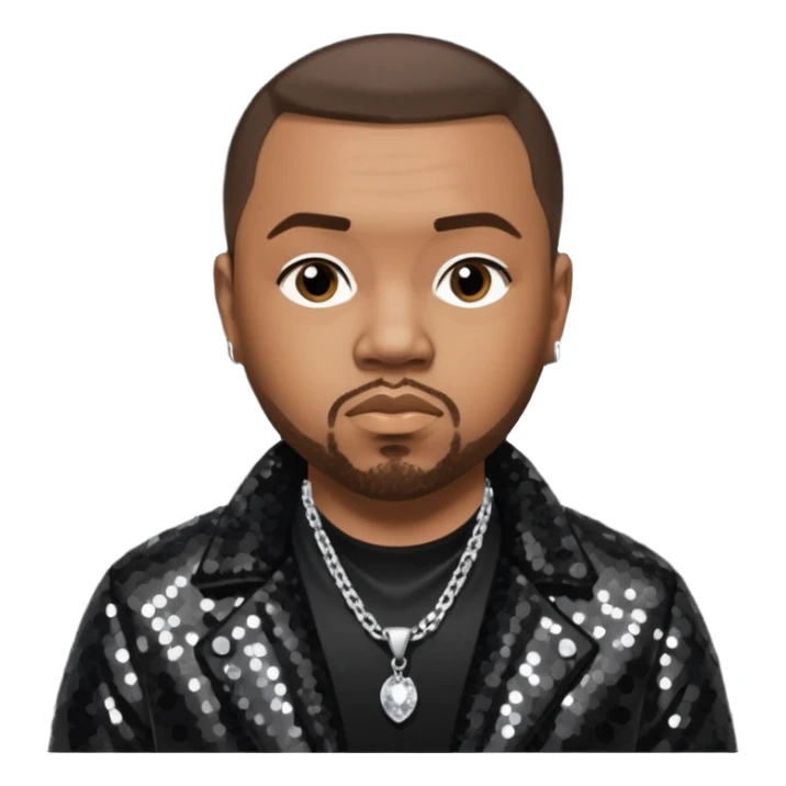 Timbaland with dark brown hair, black sequin jacket, black shirt with necklace sticker