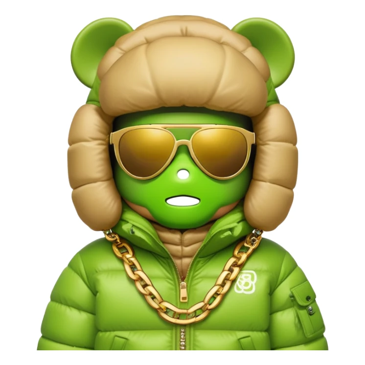 classic bearbrick wearing lime green mask with logo tags, oversized puffy down jacket with lavish fur hood, single-lens visor sunglasses, stacked gold chains, streetwear fashion icon sticker