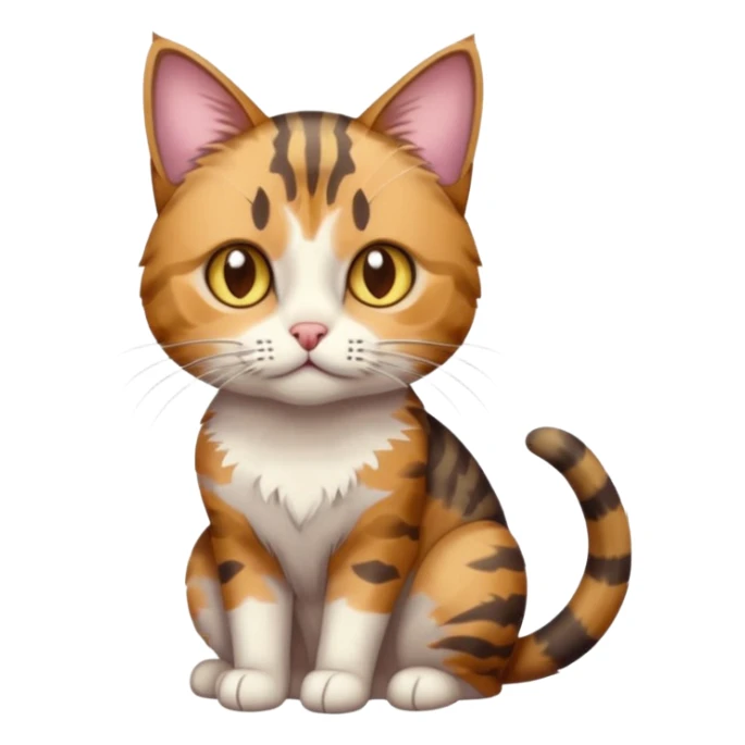 full body anxious looking colourful light calico tabby cat with hazel eyes and patchy brown tabby sections of fur sticker