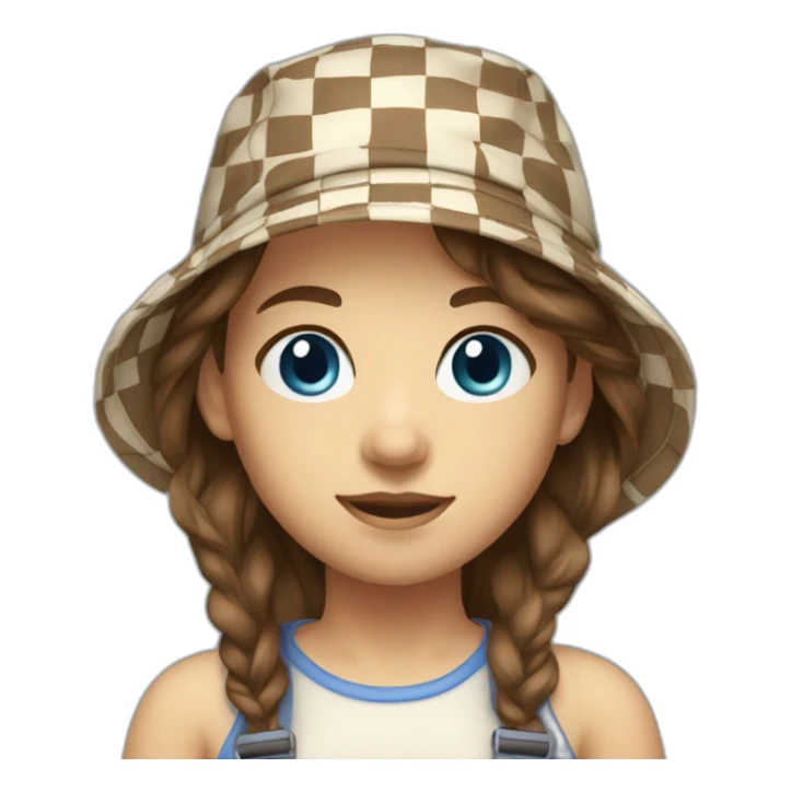 Girl, 16, medium length brown hair, blue eyes, checkered bucket hat sticker