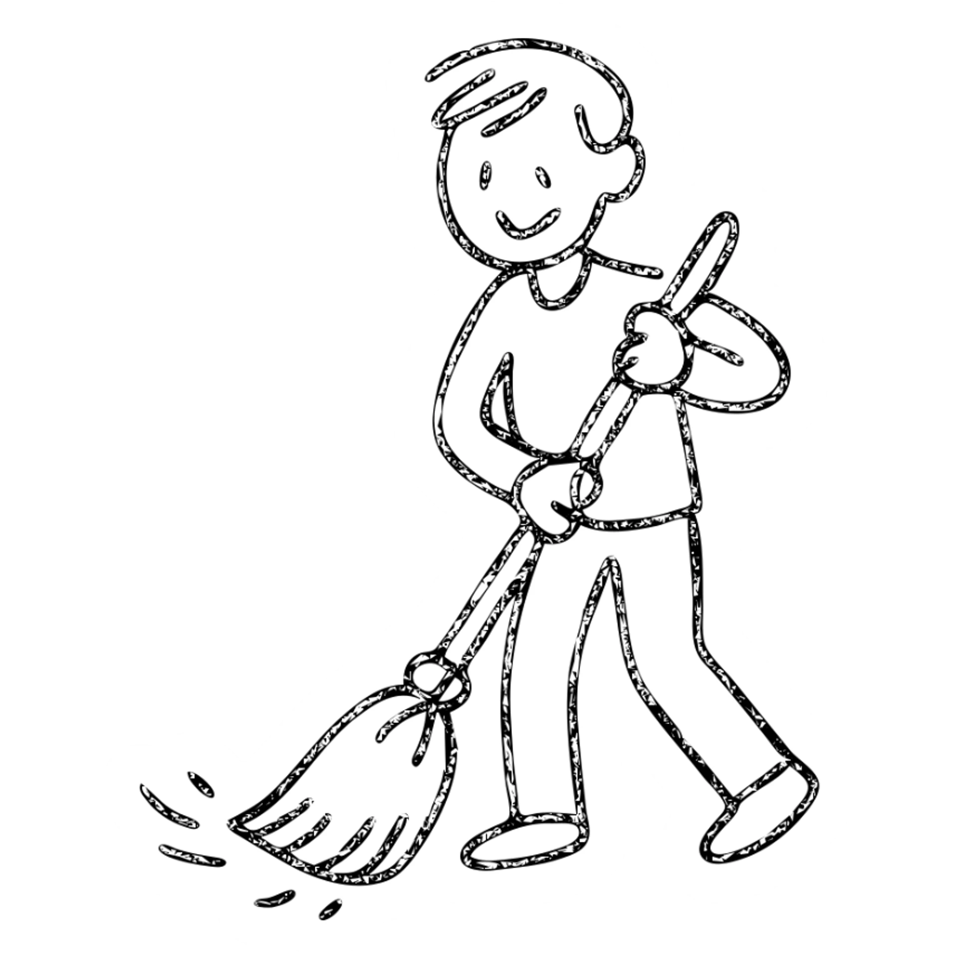 hand-drawn outline of a person sweeping with a broom, simple and playful sticker