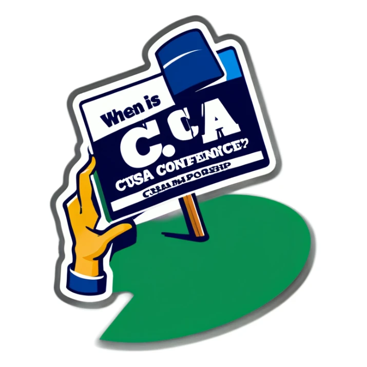 Person holding sign that says “when is C-USA conference championship?” sticker