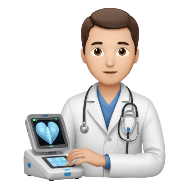 Cardiac sonographer male long white coat GE machine sticker