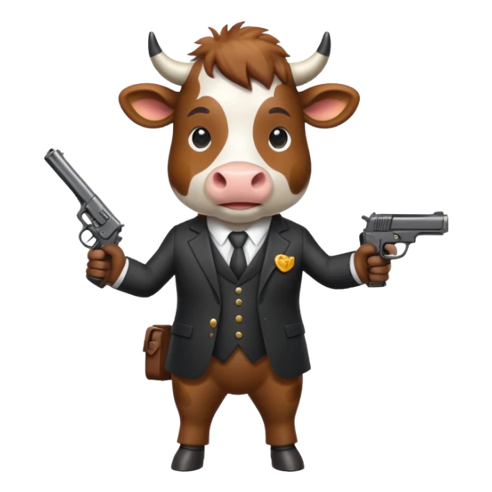 A cow with a suit on and gun sticker