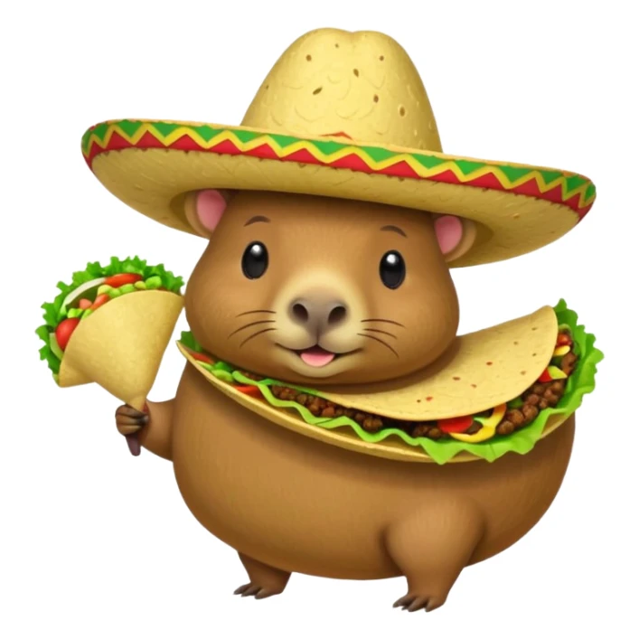 Make a capybara with a taco as a body and a Mexican hat sticker