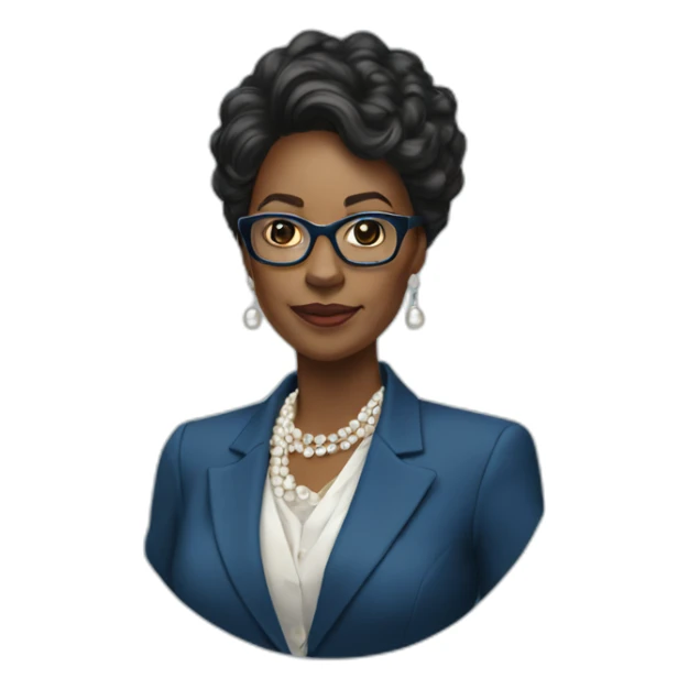 black woman ceo, diamond-crested glasses, blue blazer, pearl necklace sticker