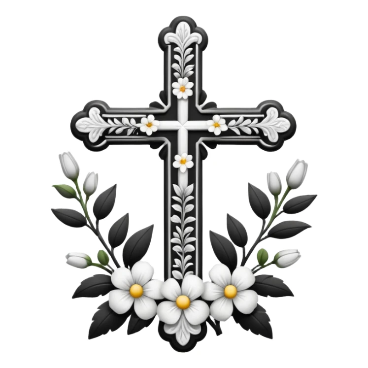 a black and white detailed cross with flowers over lapping sticker