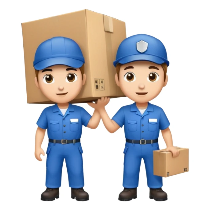 two workers in blue work uniforms and caps carrying a large box, alternate expression sticker