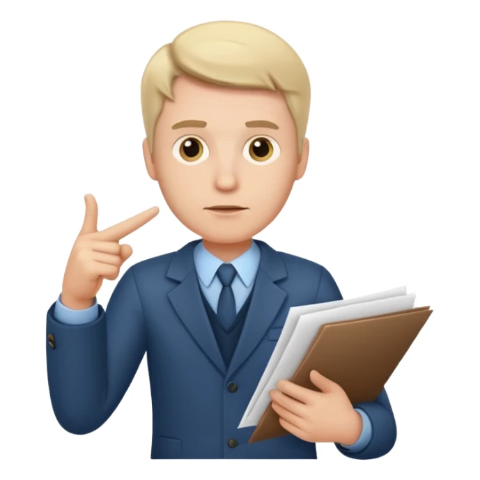 A white man stands with a serious face and points at his hand holding papers. sticker