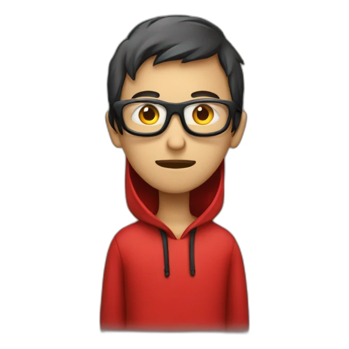 coder looking hacker with red hoodie, eye glass, apple laptop in front sticker