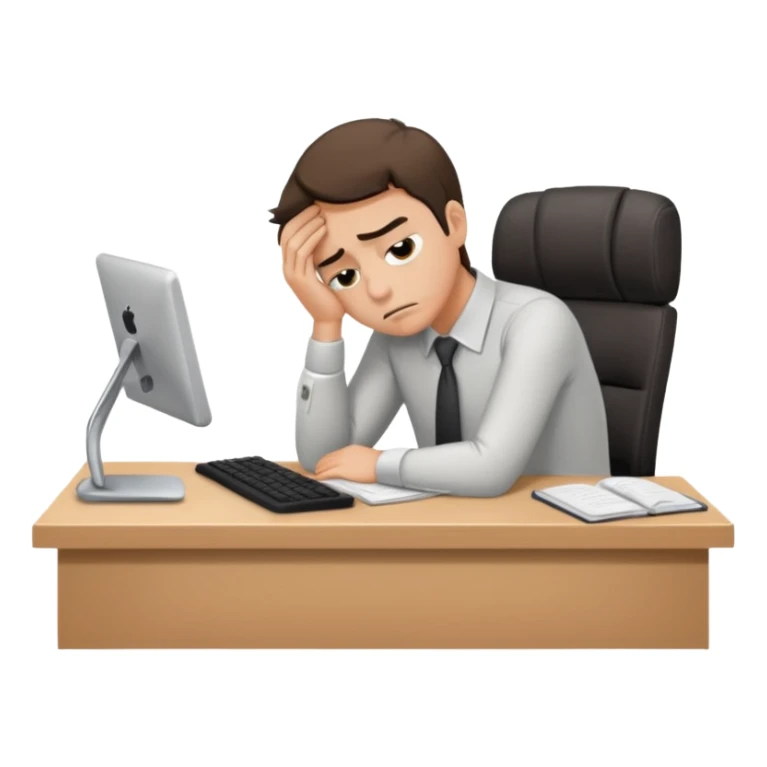 Professional person experiencing burnout, exhausted and overwhelmed, tired eyes, slumped posture, sitting at a desk, iOS emoji style sticker