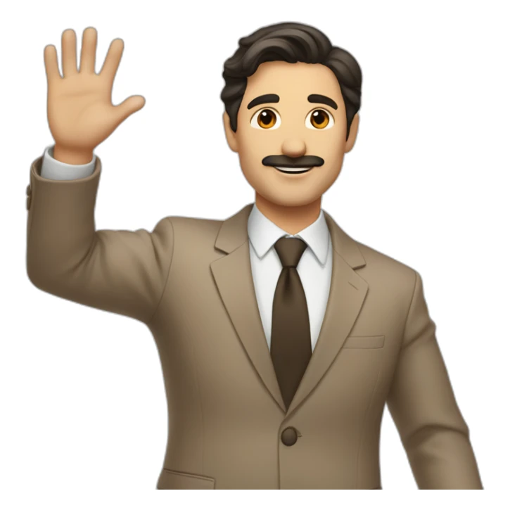 Man with light brown suit, dark hair and small mustache. He waving for a cab sticker