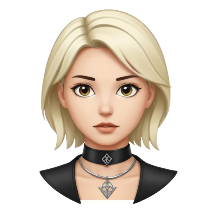 Leather choker with sigil around woman’s neck, pulse visible, dominance tone sticker