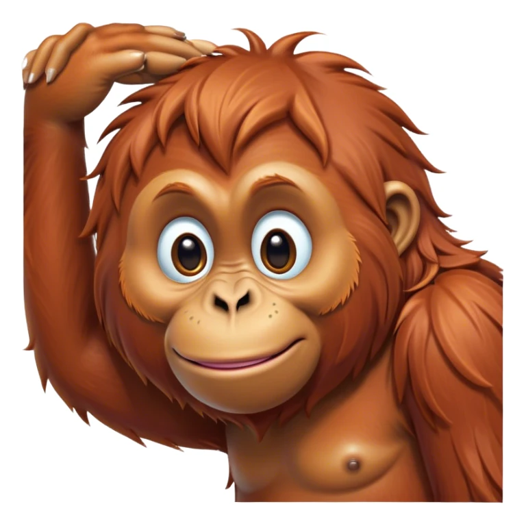Cinematic Cute Orangutan Portrait Emoji, Head tilted playfully and inquisitively, with a gentle, expressive face accented by soft, flowing fur and round, sparkling eyes brimming with warmth, Simplified yet irresistibly adorable features, highly detailed, glowing with a warm, friendly glow, high shine, affectionate and lively, stylized with a touch of jungle whimsy, bright and endearing, soft glowing outline, capturing the essence of a mischievous yet loving orangutan that seems as if it could swing out of the screen into your arms! sticker