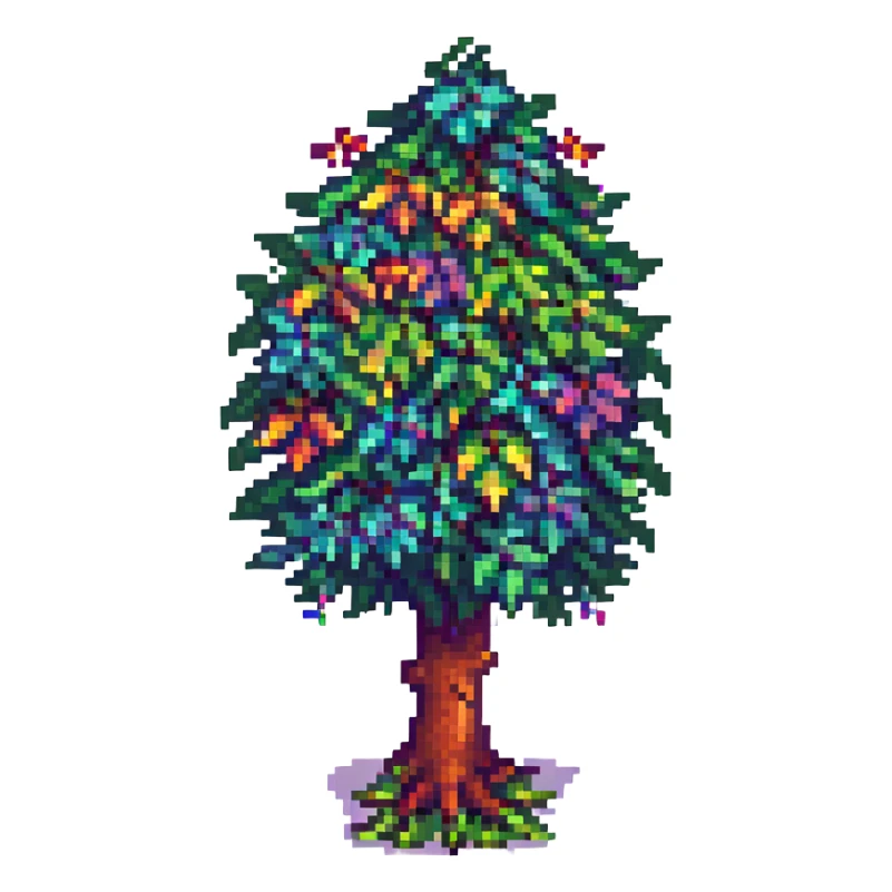 Terraria tree with rainbow leaves representing LGBTQ+ pride, pixel art, bright and cheerful, no text sticker