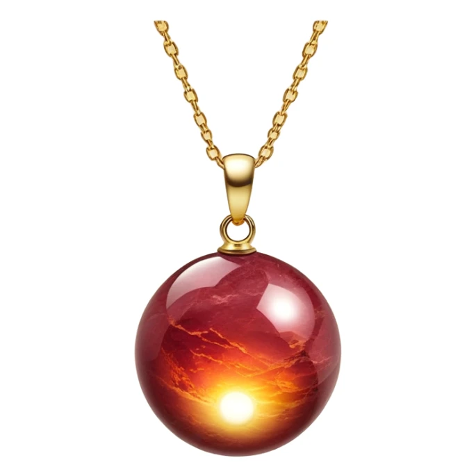 A polished round ball wine granite pendant suspended from a delicate gold chain, like a drop of enchanted starlight, glowing with the warmth of passion and the quiet power of transformation ethereal sticker
