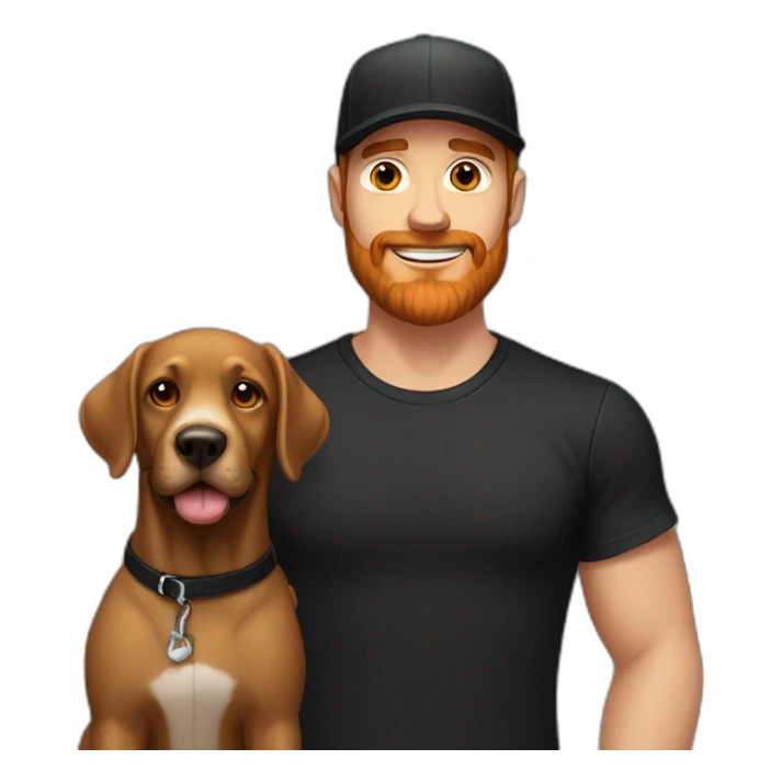 A handsome man in a black T-shirt and a black cap and with a red beard with a black Labrador dog sticker