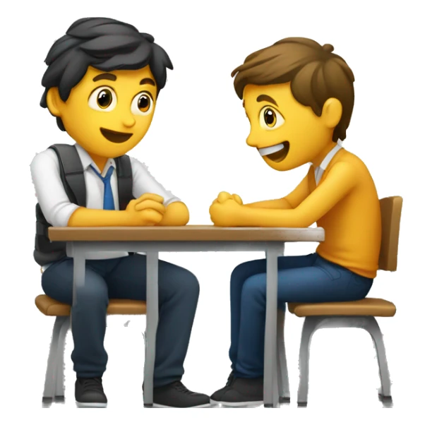 European students sitting at desks. They are talking to each other sticker