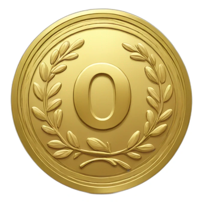 Golden round coin with large "0" label and little laurel sticker