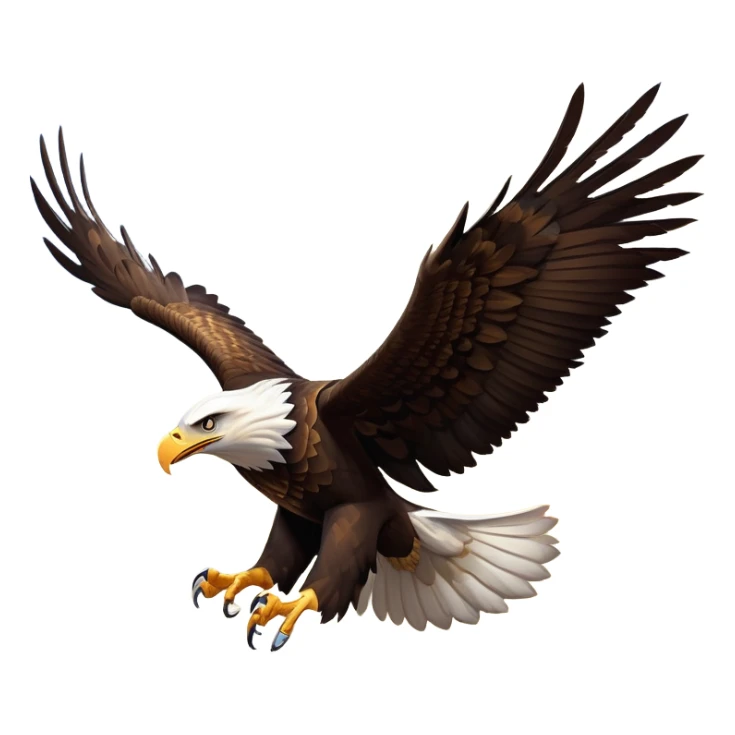 cinematic-eagle-realistic-full-body-soaring-emoji,-massive-wings-spread-wide-against-the-open-sky,-sharp-beak-curved-and-powerful,-piercing-golden-eyes-scanning-the-land-below,-strong-feathered-legs-tucked-tight,-dark-brown-feathers-contrasting-against-the-clouds,-simplified-yet-realistic-focused-features,-highly-detailed,-glowing-with-a-regal-majestic-glow sticker