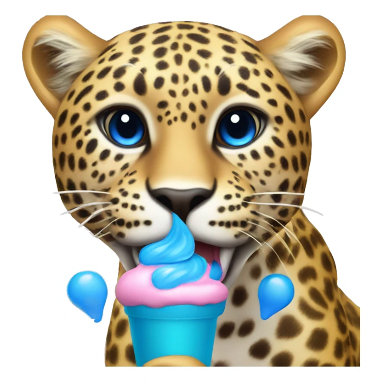 Create a a leopard eating blueberry ice cream and the leopard is flying with his blue wings sticker