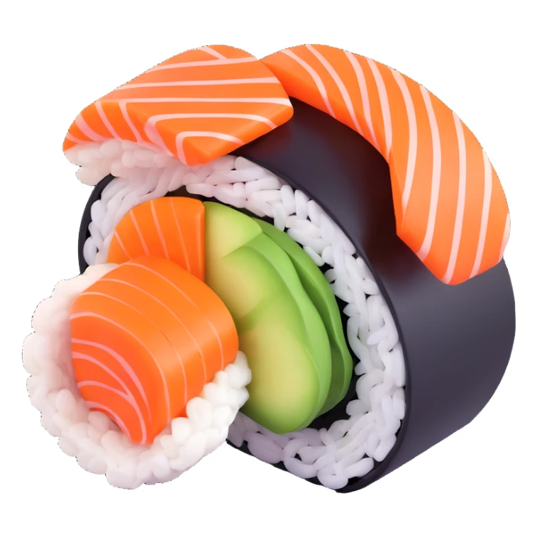 3D icon of a sushi roll, colorful and detailed sticker