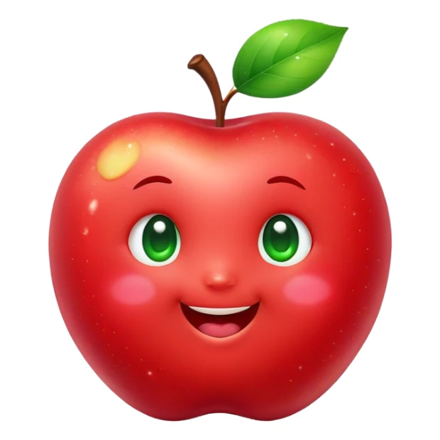 Cute Kawaii Apple, round and plump, bright shiny red with a tiny green leaf, chubby cheeks, sparkling eyes, a happy smile, soft glowing highlights, radiating fresh sweetness! sticker